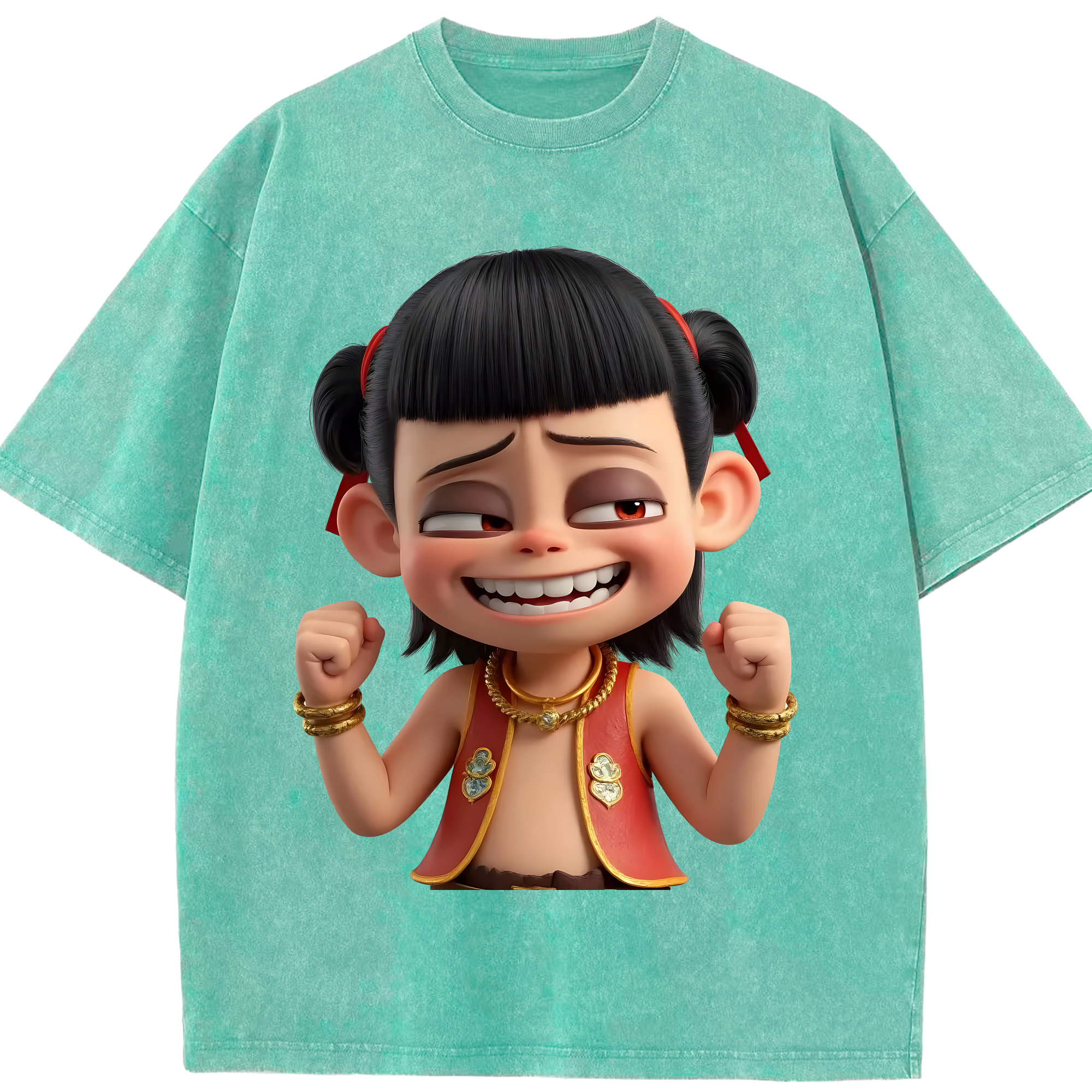 （画像用） Ne Zha 2 ナタ 魔童の大暴れ 綿100% ヴィンテージ風 半袖Tシャツ（フロントプリント）